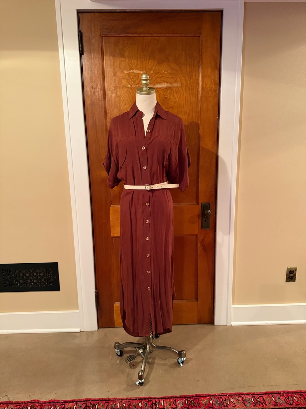 Faithfull the Brand Rust Button-Front Midi Dress with Cream Belt